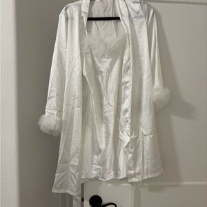 Elegant White Satin Robe and Nightgown with Tulle Trim